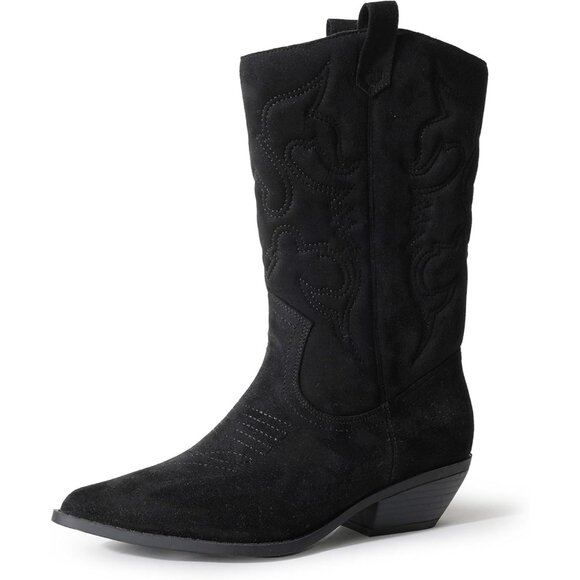 Women Polyurethane Black Suede Mid Calf Low Heel Pointed Toe Western Boot - Picture 1 of 3